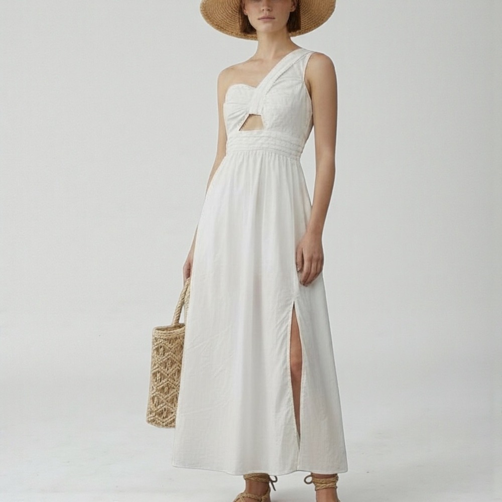 LUSH White Cotton One Shoulder Cutout Sundress Maxi Dress Medium